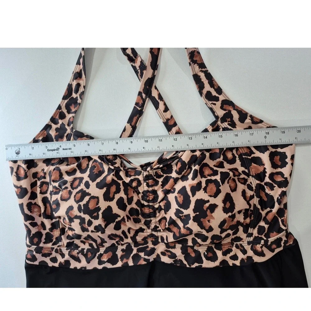 Daci‎ Leopard Print Asymmetrical Swim Dress Top Black Tan Animal Print 24W